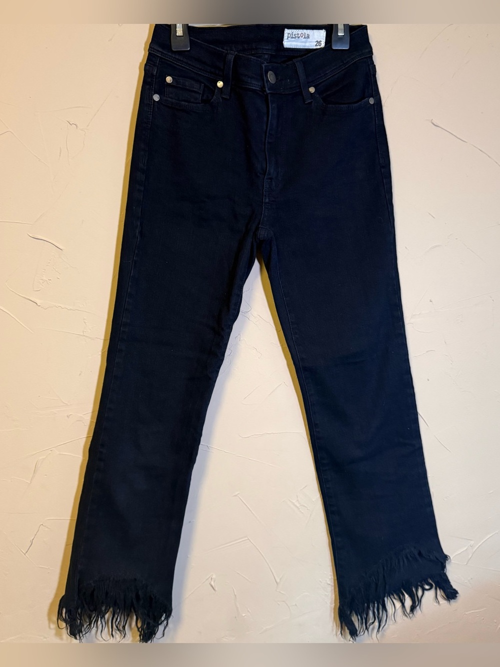 Pistola Audrey Black Fringe Hem Cropped Jeans Size 26 High Rise Straight Leg